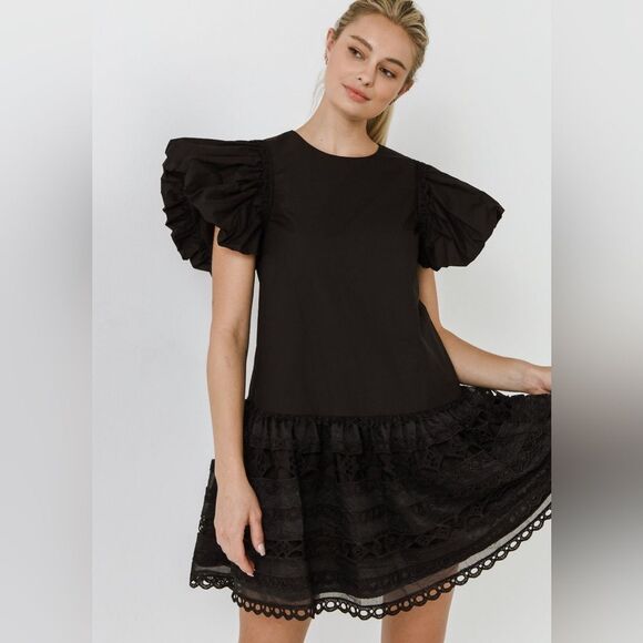 NWT Endless Rose Revolve womens mini dress with puff sleeve and lace size medium - Picture 1 of 14